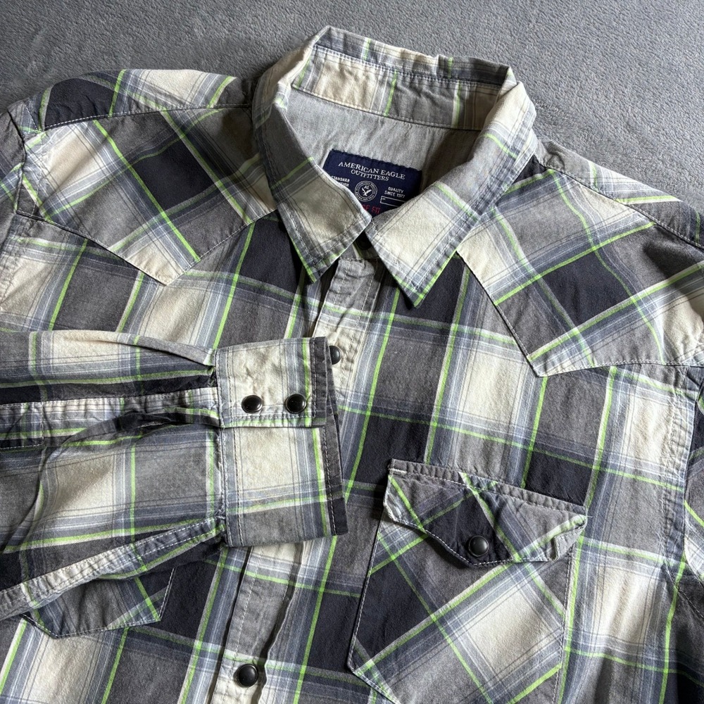 American Eagle Outfitters Men Plaid Pearl Snap‎ Long Sleeve Western Shirt XL